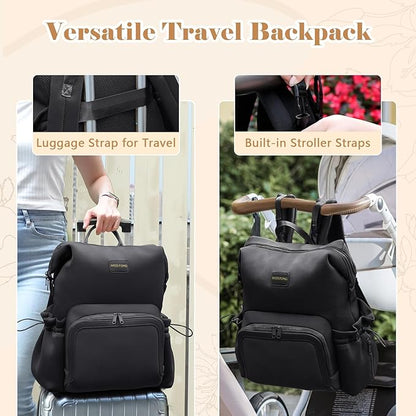 miss fong Diaper Bag Backpack - Baby Diaper Bag Neoprene Bag Large Capacity Neoprene Backpack with Diaper Changing Pad Pañaleras Para Bebe Baby Backpack with 12 Pockets for Mom & Dad -Black