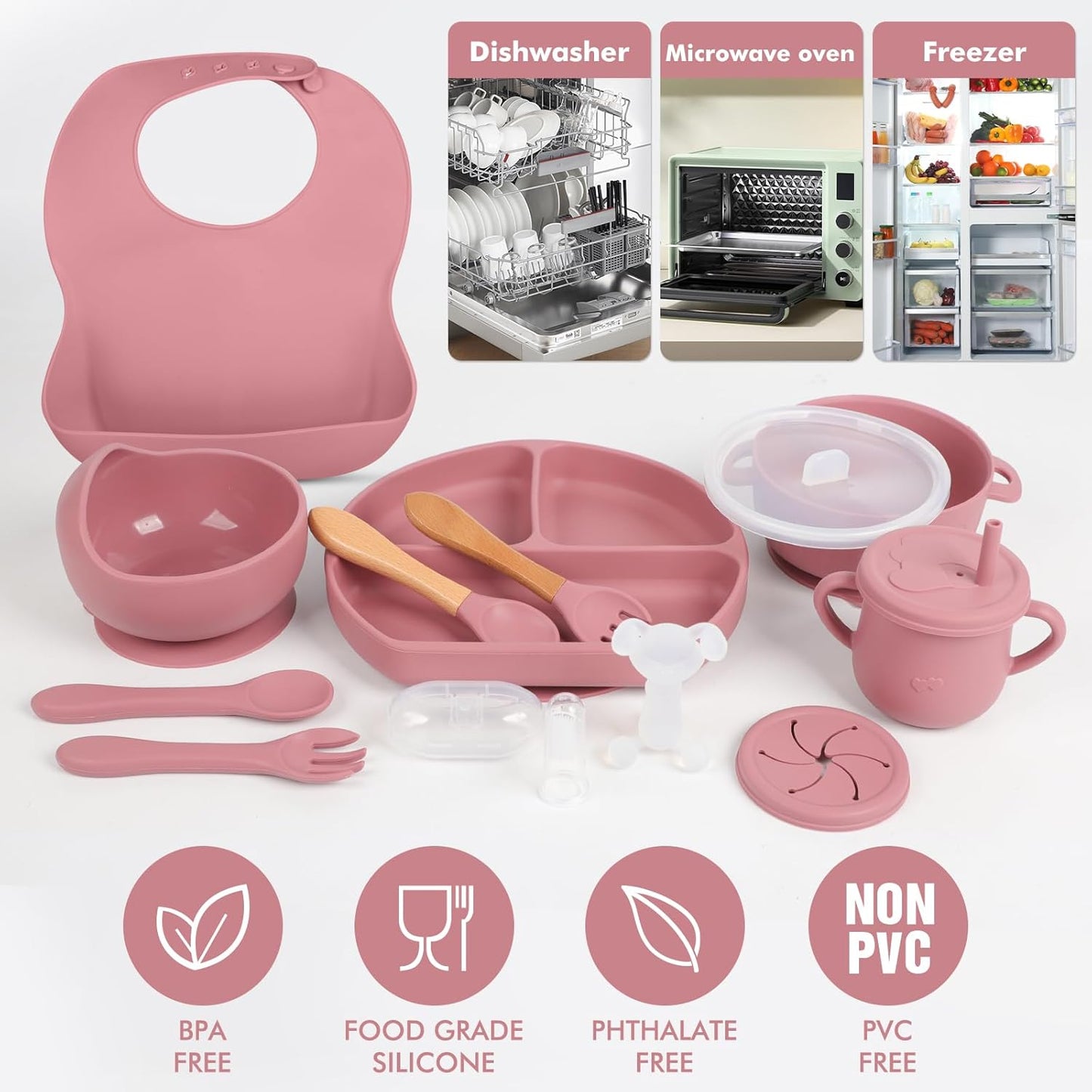 Silicone Baby Feeding Set 15 Pcs，Baby Spoons Suction Bowl Divided Plate Bib Cup Finger Brush Training cups,Baby Led Weaning Supplies,Baby Plates，Toddler Feeding Plates and Bowls Set（purple）
