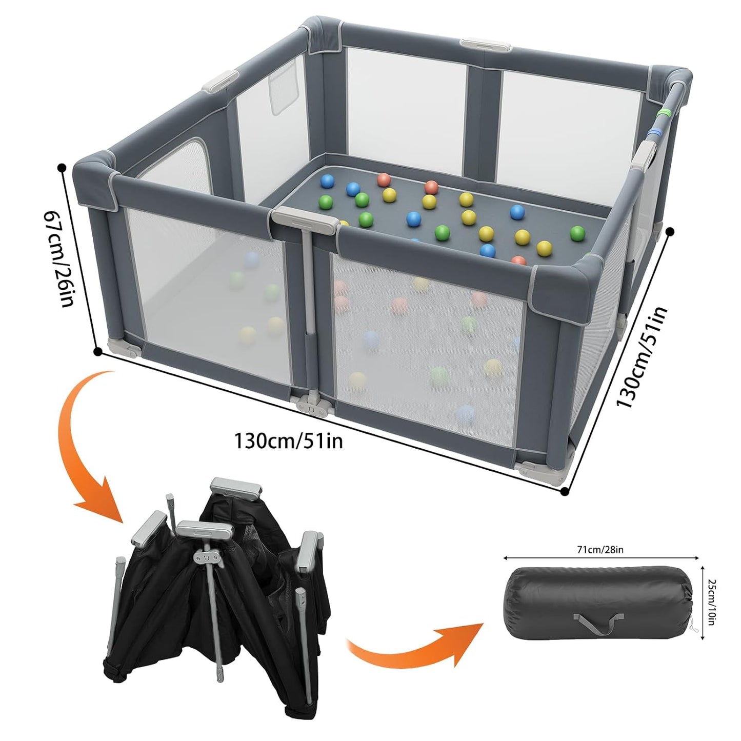 Foldable Playpen for Babies and Toddlers, 51" Portable Play Pen with Mat and Ocean Balls, Play Yard with with Visible Mesh for Inddor and Outdoor, No Assembly Required, Dark Gray
