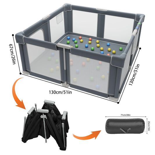 Foldable Playpen for Babies and Toddlers, 51" Portable Play Pen with Mat and Ocean Balls, Play Yard with with Visible Mesh for Inddor and Outdoor, No Assembly Required, Dark Gray