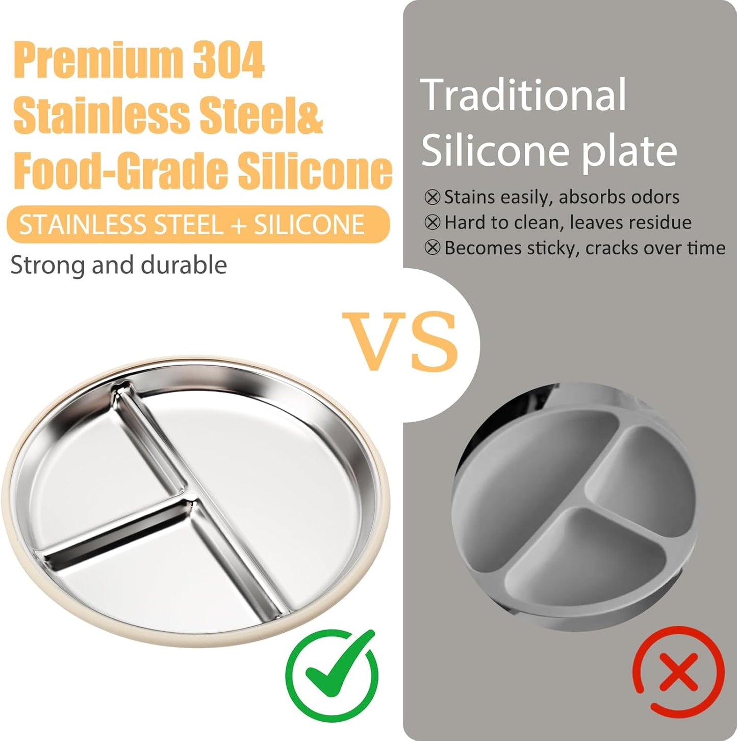MISSLILI Stainless Steel Baby Plate and Bowls with Suction, Divided Kids Baby Plate and Toddler Bowl with Removable Silicone Suction, Non-Slip Baby Feeding Set Dishwasher Safe，4 Packs