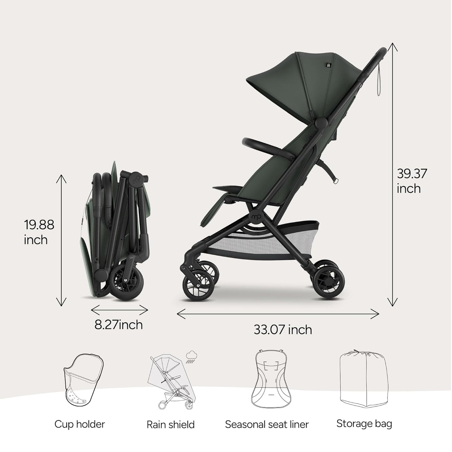 Mompush Velo Lightweight Travel Stroller, Compact & Airplane-Friendly for Baby and Toddler, Lie-Flat Seat, One-Hand Fold, with Leather Bumper Bar, Shoulder Strap, Raincover, Storage Bag & Cup Holder