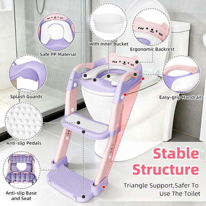 Potty Training Seat, Upgrade Toddler Toilet Seat for Kids Boys Girls, 3 in 1 Potty Training Toilet with Step Stool Ladder-Non Slip Foldable (Purple+Pink)