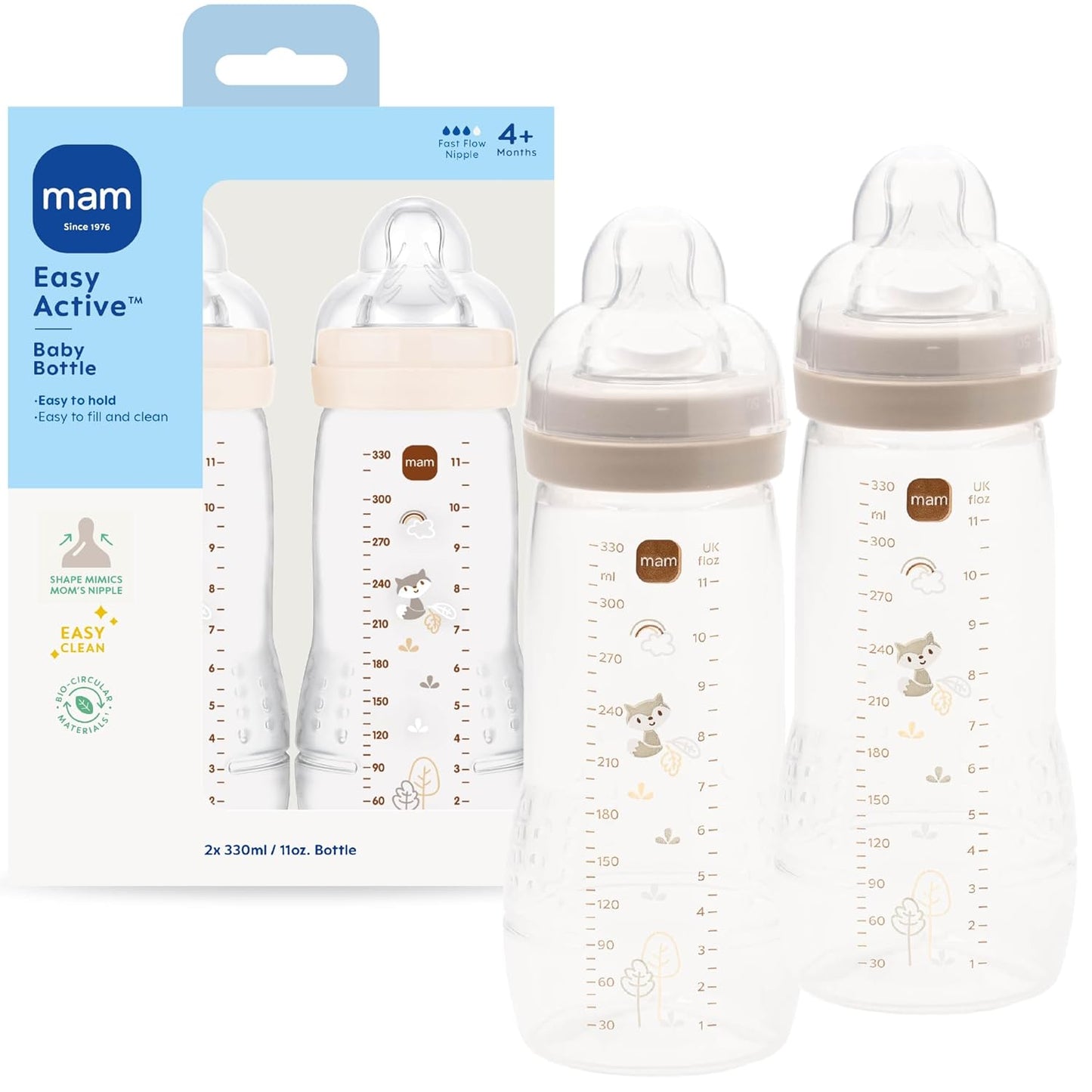 MAM Easy Active Baby Bottle 2 Pack, 11oz, BPA Free, Fast Flow Silicone Nipple, Anti-Slip Grip, Leak-Proof, 4+ Months, Cotton