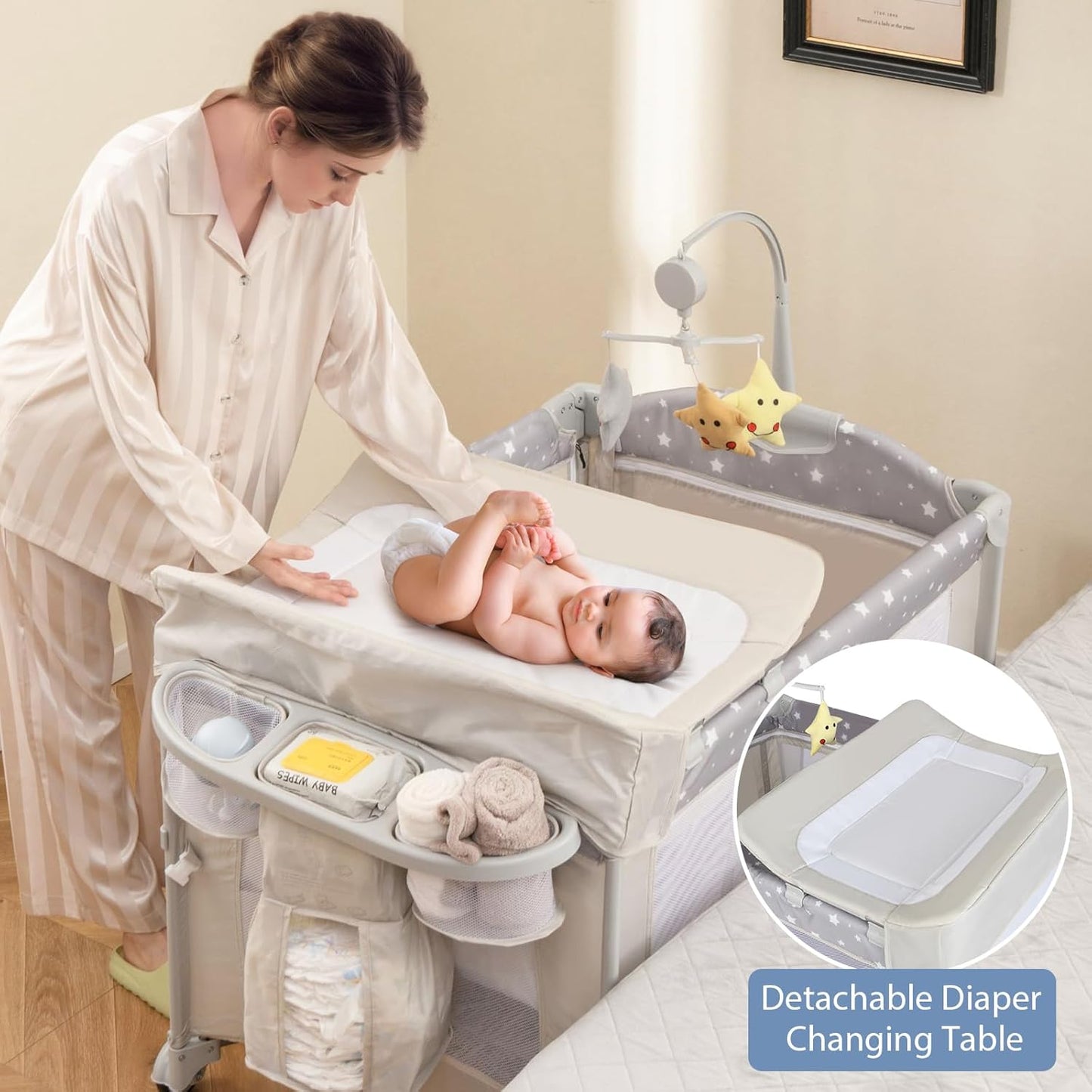 BABY JOY 5-in-1 Pack and Play, Portable Baby Bedside Sleeper with Bassinet, U-Shaped Diaper Changer, Safety Strap, Side Zipper Entrance, Hangings, Bedside Crib Playard from Newborn to Toddlers (Gray)