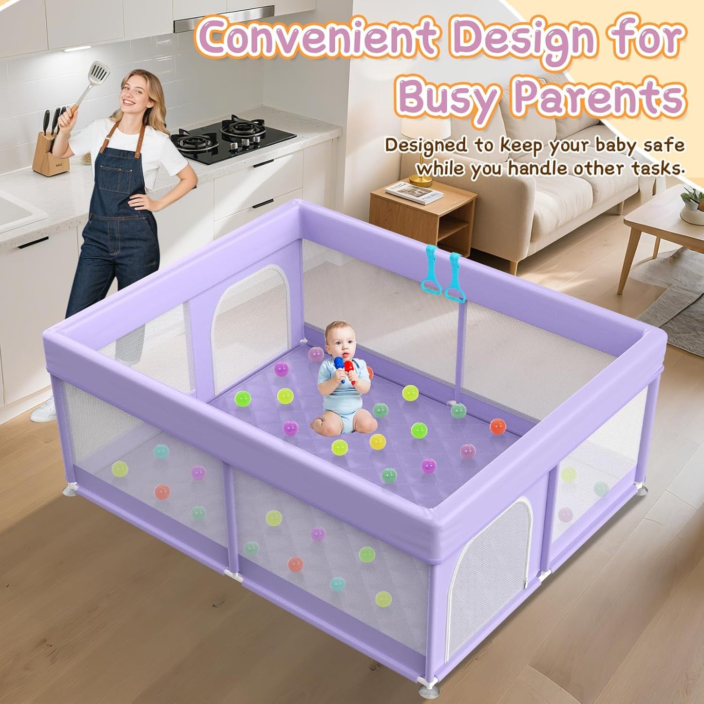 Baby Playpen with Mat - 79"x71" Extra Large Play Pens for Babies and Toddlers Indoor Safety Baby Fence with Soft Breathable Mesh - All-Wrapped Sponge Sturdy Play Yard with Handle & Bag Purple