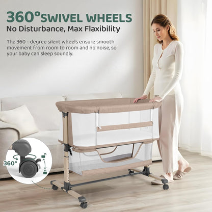 Cowiewie Bassinet Bedside Sleeper, Portable, Breathable, Adjustable Baby Bedside Bassinet for Peaceful Nights, Light Grey