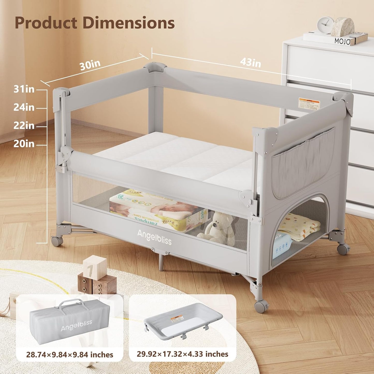 ANGELBLISS Baby Bassinet Bedside Crib, Pack and Play with Mattress, Diaper Changer, One-Push Setup Playards from Infants to Toddlers (Balck)