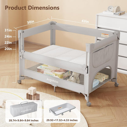 ANGELBLISS Baby Bassinet Bedside Crib, Pack and Play with Mattress, Diaper Changer, One-Push Setup Playards from Infants to Toddlers (Balck)