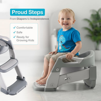 3-in-1 Toddler Potty Training Toilet Seat with Ladder | Foldable Toilet Potty Training Seat with Step Stool Ladder | 5-Level Adjustable Height | Soft Cushion, Splash Guard & Anti Slip Pad