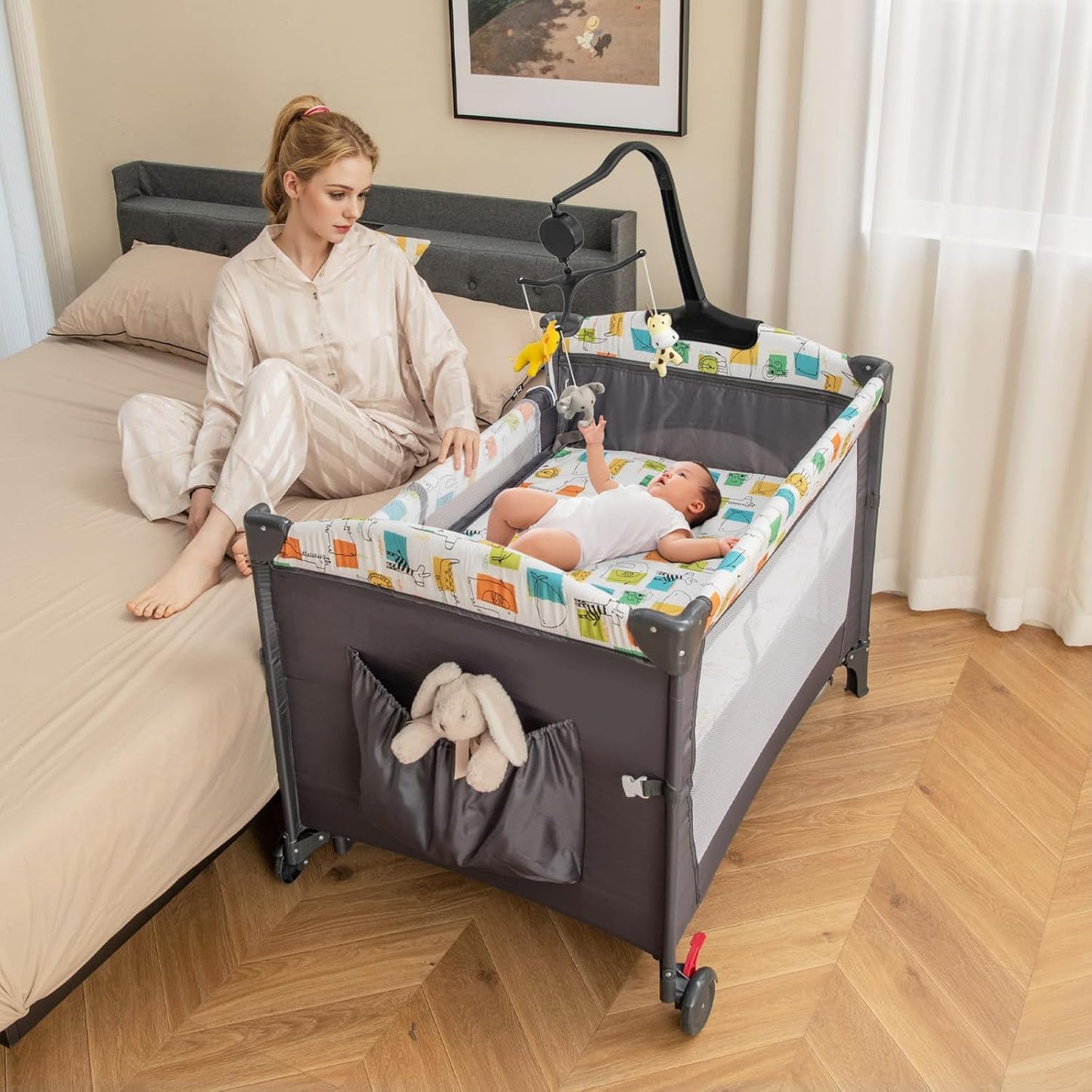 HONEY JOY Baby Bedside Sleeper, 6-in-1 Pack and Play w/Infant Bassinet, Diaper Changing Table & Portable Play Yard, 3 Adjustable Heights, Music Box & Side Storage Bag, Carry Bag(Black)