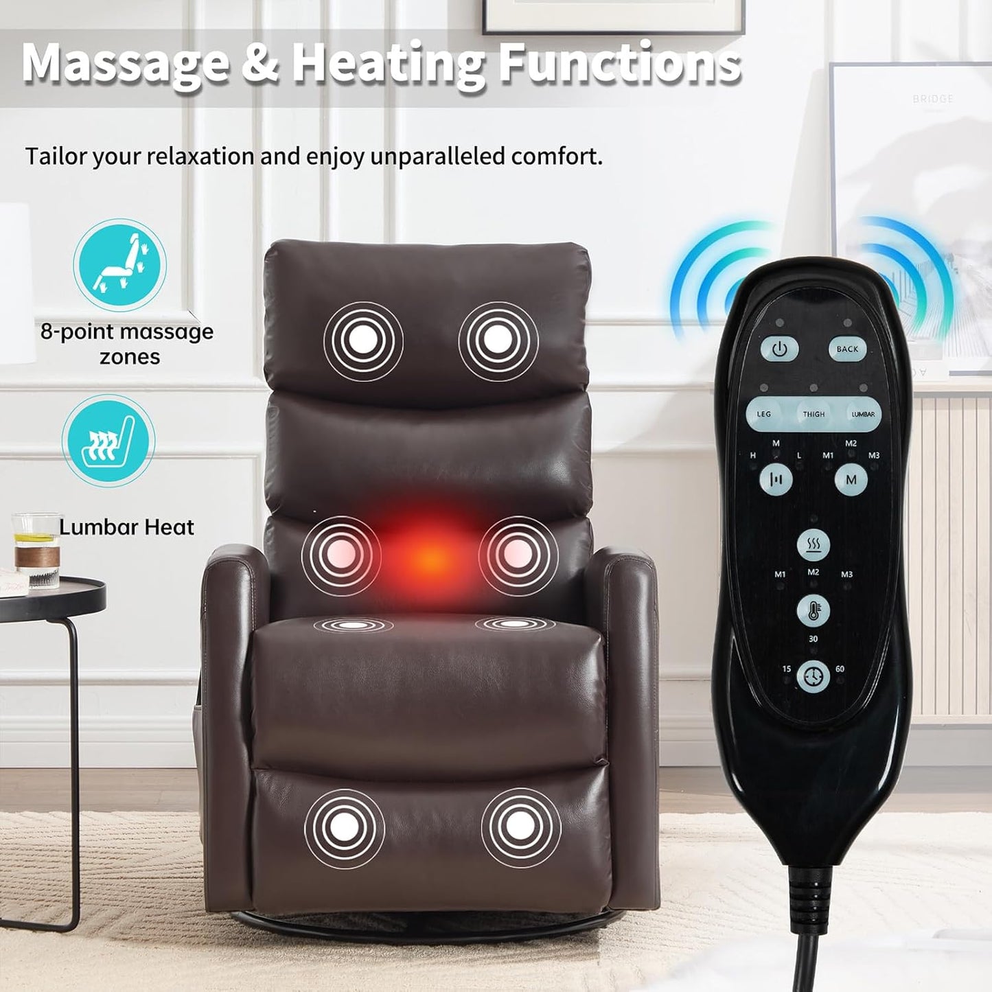 Massage Chair Recliner with Heat, Swivel Rocking Chair Recliner with High Back, Manual Nursery Recliners for Adults,Small Recliner Chair for Small Spaces, Living Room Bedroom, Fabric (Blue Green)