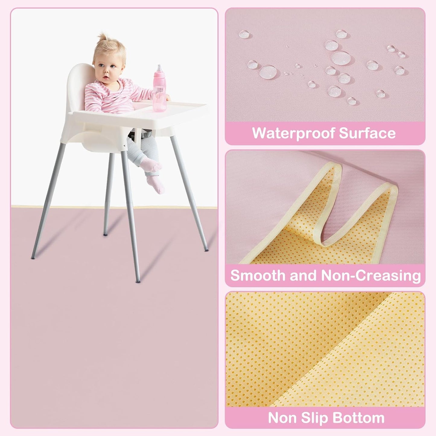 Basumee Splat Mat High Chair Mat Waterproof Baby Play Splat Mat for Under High Chair Food Catcher Highchair Mat for Floor Non Slip Bottom, Pink Rainbow, 46x42 Inches