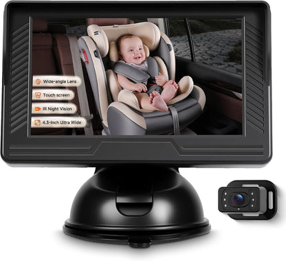 Rimoody Baby Car Camera for Backseat, 4.3'' HD Display Baby Car Mirror with Night Vision Feature, Wide View Angle, Reusable Sucker Bracket, Easy Install 360° Adjustable Display