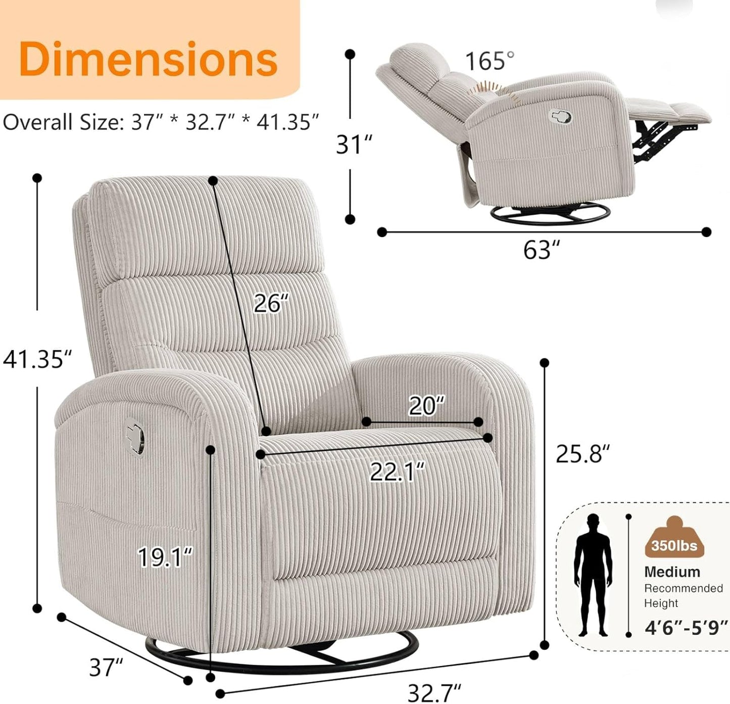 Power Swivel Rocker Recliner Chair for Nursery, Swivel Reclining Rocking Chairs, Electric Glider for Living Room, Upholstered Recliner Chairs for Bedroom, Corduroy White
