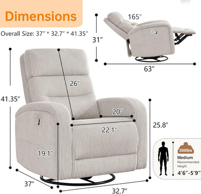 Power Swivel Rocker Recliner Chair for Nursery, Swivel Reclining Rocking Chairs, Electric Glider for Living Room, Upholstered Recliner Chairs for Bedroom, Corduroy White