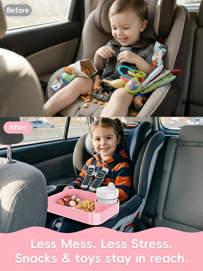 Car Seat Cup Holder Snack Tray for Kids, Reduces Mess, Detachable Large Base & Adjustable Ring, Carseat Tray for Toddler, Car Seat Food Tray Table for Kid Travel Road Trip Essentials -Light Gray