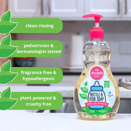 Dapple Baby Fragrance Free Bottle & Dish Soap - (3 Pack) 16.9 fl oz - Cleans Baby Bottles, Sippy Cups, Pacifiers, Breast Pumps, & More - Gently Removes Milk Film & Odors - Includes 1 Pump