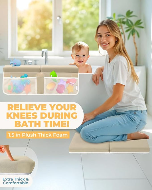 Comfortable Baby Bath Kneeler and Elbow Rest Pad Set – Thick Memory Foam Bath Kneeling Pad with Elbow Support – Baby Bathtub Cushion with Toy Organizer for Bathing Infant or Toddler - Beige