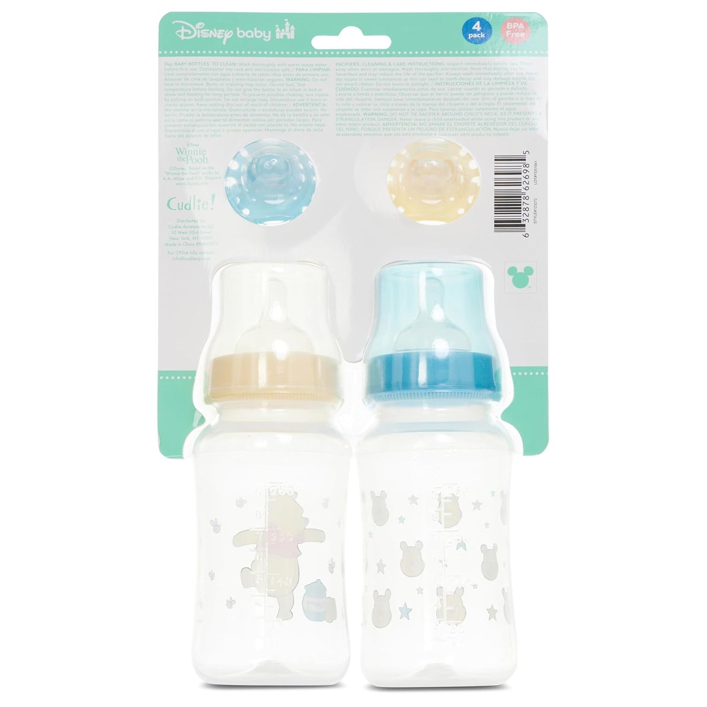 Disney Baby Bottles and Pacifiers Set – 2 Hourglass-Shaped 11oz Bottles + 2 Orthodontic Pacifiers – Officially Licensed Mickey, Minnie, Pooh & Dumbo Designs – BPA-Free Feeding Gift Set