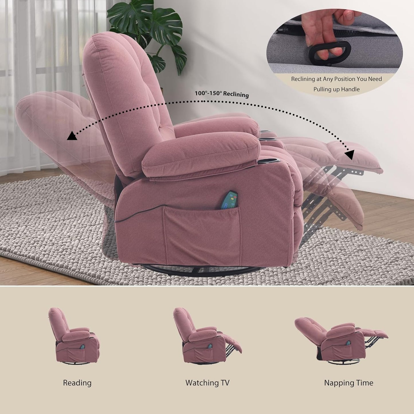 Rocker Recliner Chair with Massage and Heat, Oversized Rocking Nursery Recliners Overstuffed Swivel Glider with Cup Holder, Fabric Manual Single Sofa for Living Room, Beige