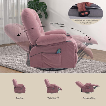 Rocker Recliner Chair with Massage and Heat, Oversized Rocking Nursery Recliners Overstuffed Swivel Glider with Cup Holder, Fabric Manual Single Sofa for Living Room, Beige
