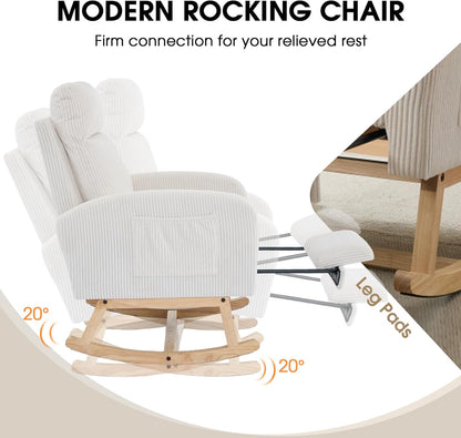 NIOIIKIT Nursery Rocking Chair, Corduroy Upholstered Rocking Chair with Adjustable Footrest, Tufted Rocker Chair with Side Pocket, Glider Rocker for Living Room, Bedroom (Cream Retro)