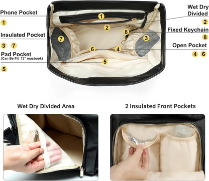 miss fong Diaper Bag Backpack Baby Diaper Bag for baby boy and girls, Leather Baby Bag with 13 diaper bag organizing pouches, Changing Pad, Stroller Straps and 4 Insulated Pockets(Black)
