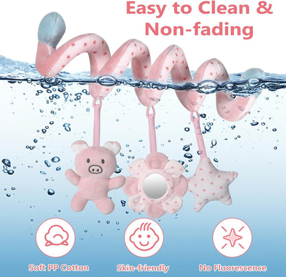 SAMMAS Car Seat Toys, Infant Baby Pink Pig Spiral Activity Hanging Toys Stroller Toys for Car Seat Stroller Bar Crib Bassinet Mobile with Mirror BB Squeaker and Rattles