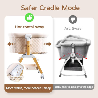 3 in 1 Baby Bassinet Bedside Sleeper,Bedside/Rocking Bassinet for Baby with Waterproof Comfy Mattress and Lockable Wheels,7 Adjustable Height, Easy Folding Portable Crib for Newborn-Khaki
