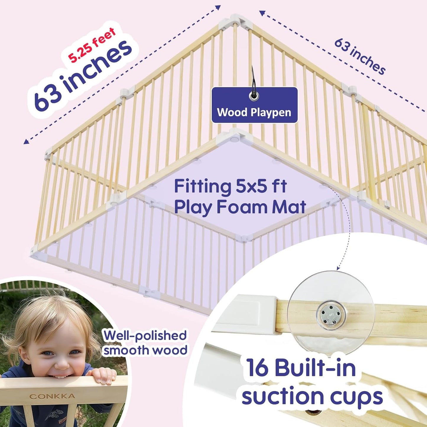 Foldable Wooden Baby Playpen Large Play Yard for Babies, 2-in-1 New Mom Helper Portable Fence, 25" Tall Custom Wood Gate with Adjustable Size & Shape for Infants 3-18 Months -63x63x25 inch