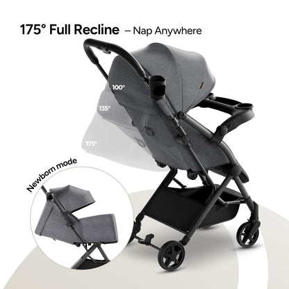 Mompush Lithe V2 Lightweight Travel Stroller, Compact Foldable Baby Stroller with Travel Bag, One-Hand Fold Stroller, Snack Tray, Mechanical Recline Seat, Airplane-Ready, UPF 50+ Canopy & Rain Cover