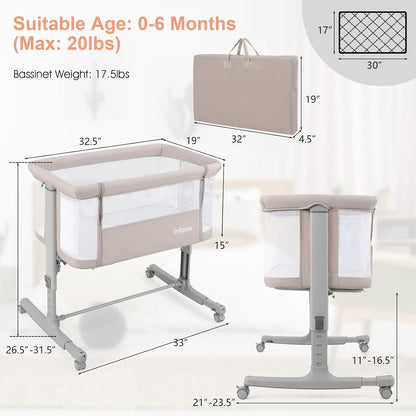 INFANS 3 in 1 Baby Bassinet, Bedside Sleeper for Newborn, Folding Crib with Mattress, Travel Bag, Wheels, 4-Sided Mesh, Easy to Assemble Cradle Co Sleeper Stationary, Rock (Dark Grey)