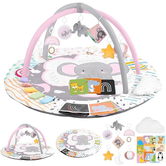 Baby Play Gym & Activity Mat, Tummy Time Mat with Cloud Toy, 7 Detachable Sensory Toys and Educational Cards for Motor Skills & Sensory Development, Baby Essentials Shower Gift, Pink Elephant