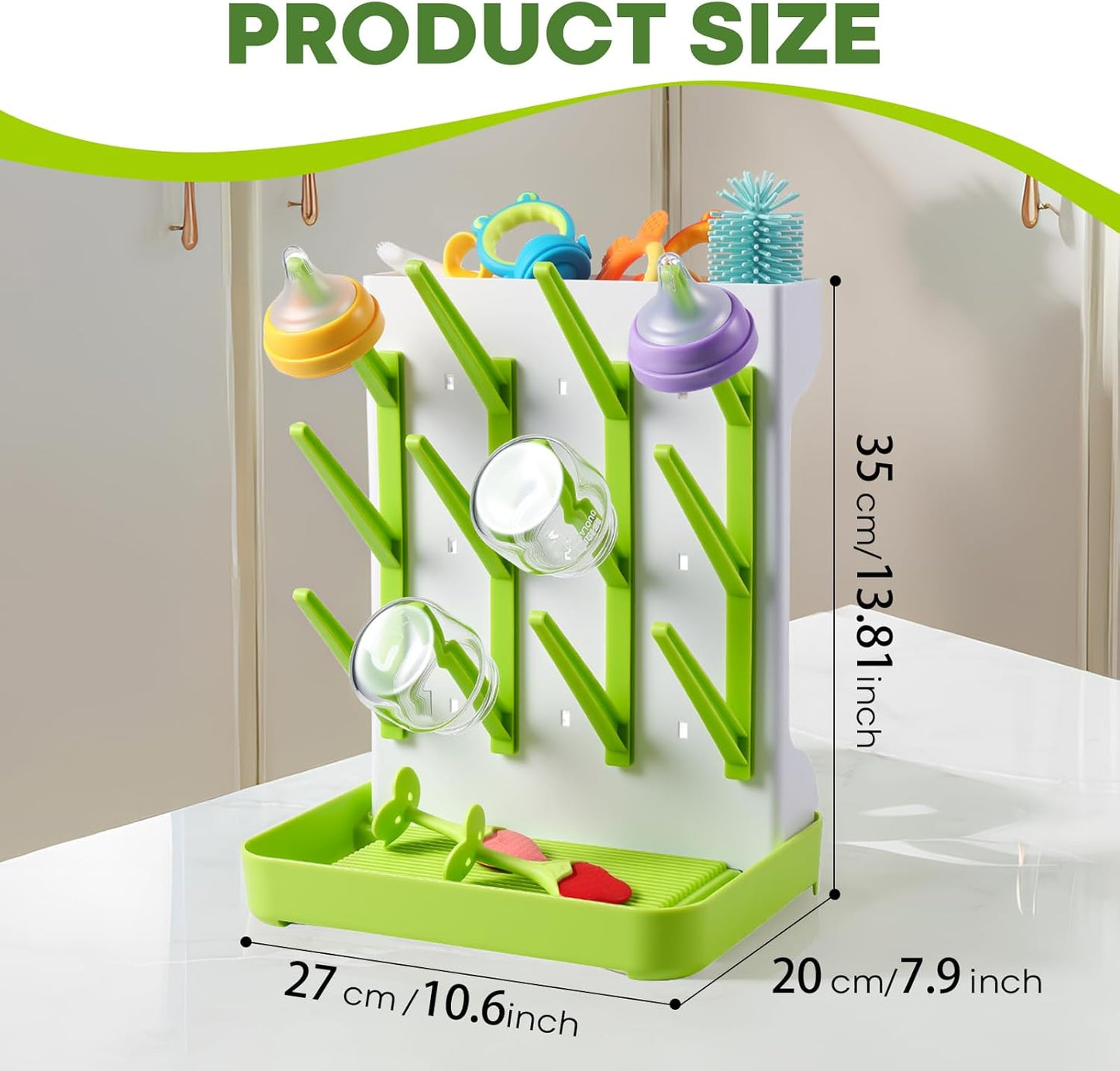 MeCids Baby Bottle Drying Rack, Vertical Standing Bottle Dryer Rack Holder, Space Saving Baby Bottle Drying Rack for Countertop - Holds Up to 12 Baby Bottles