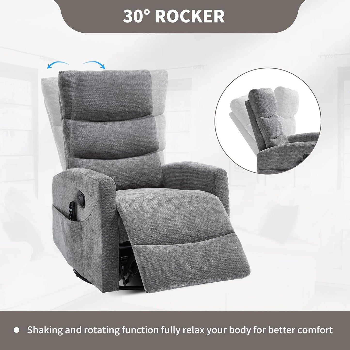 Massage Chair Recliner with Heat, Swivel Rocking Chair Recliner with High Back, Manual Nursery Recliners for Adults,Small Recliner Chair for Small Spaces, Living Room Bedroom, Fabric (Blue Green)