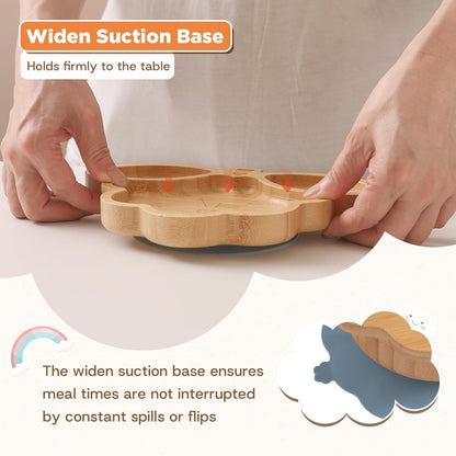 Bamboo Suction Plates Bowls Set for Baby Toddler - Includes Bamboo Bowl, Divided Plate, Silicone Fork & Spoon, All-Natural Baby Feeding Set for Baby-Led Weaning
