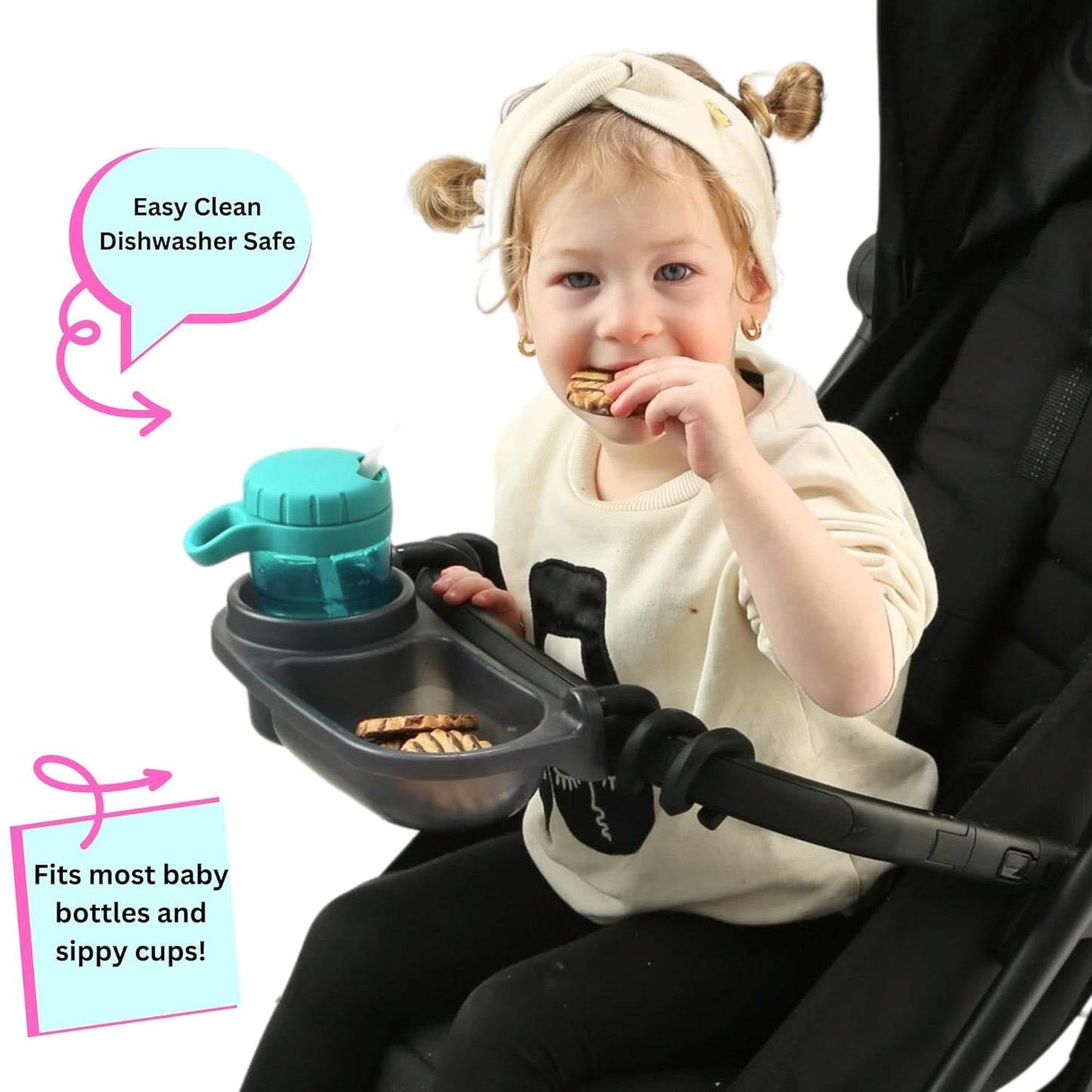 Swanoo Universal Stroller Snack Tray | Compatible With Nuna Mockingbird Bugaboo Uppababy | Stroller Bumper Bar Tray Attachment with Cup Holder | Baby Toddler Disneyland Essentials Stroller Accessories