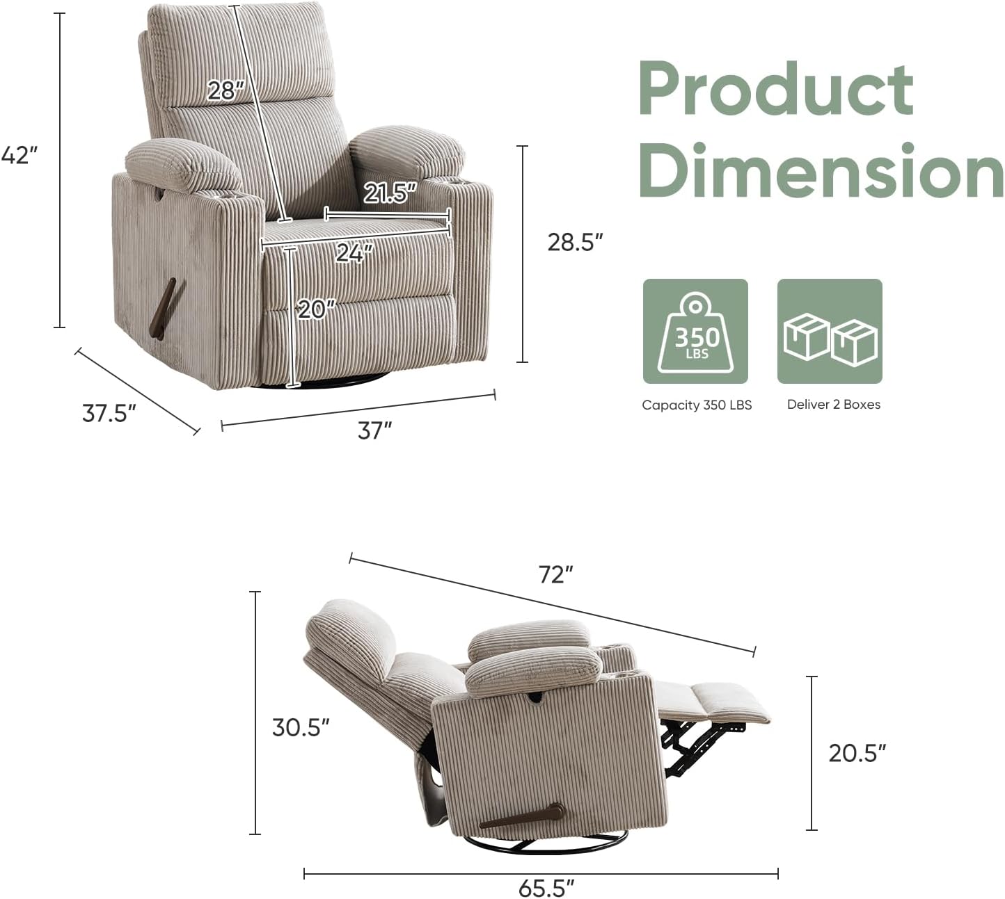 Rocking Chair Nursery with Adjustable Armrest for Breastfeeding, Glider Recliner Nursery Chair with Massage and Heat, Power Swivel Rocker Recliner with Adjustable Headrest, Corduroy, Beige