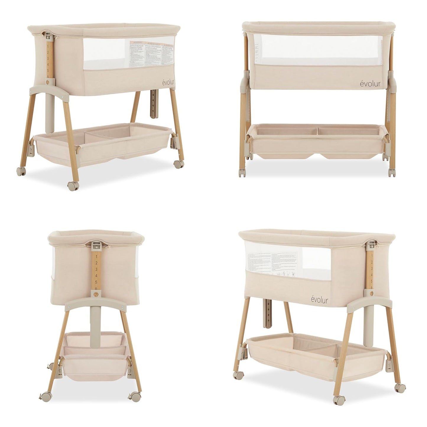 Evolur Lullaby Portable Bassinet with Wheels, Adjustable Bedside Sleeper, Breathable Mesh Sides, Large Storage Basket, Easy Fold, and Travel Bag Included, Perfect for Newborns & Infants - Biege