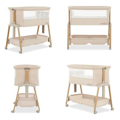 Evolur Lullaby Portable Bassinet with Wheels, Adjustable Bedside Sleeper, Breathable Mesh Sides, Large Storage Basket, Easy Fold, and Travel Bag Included, Perfect for Newborns & Infants - Biege