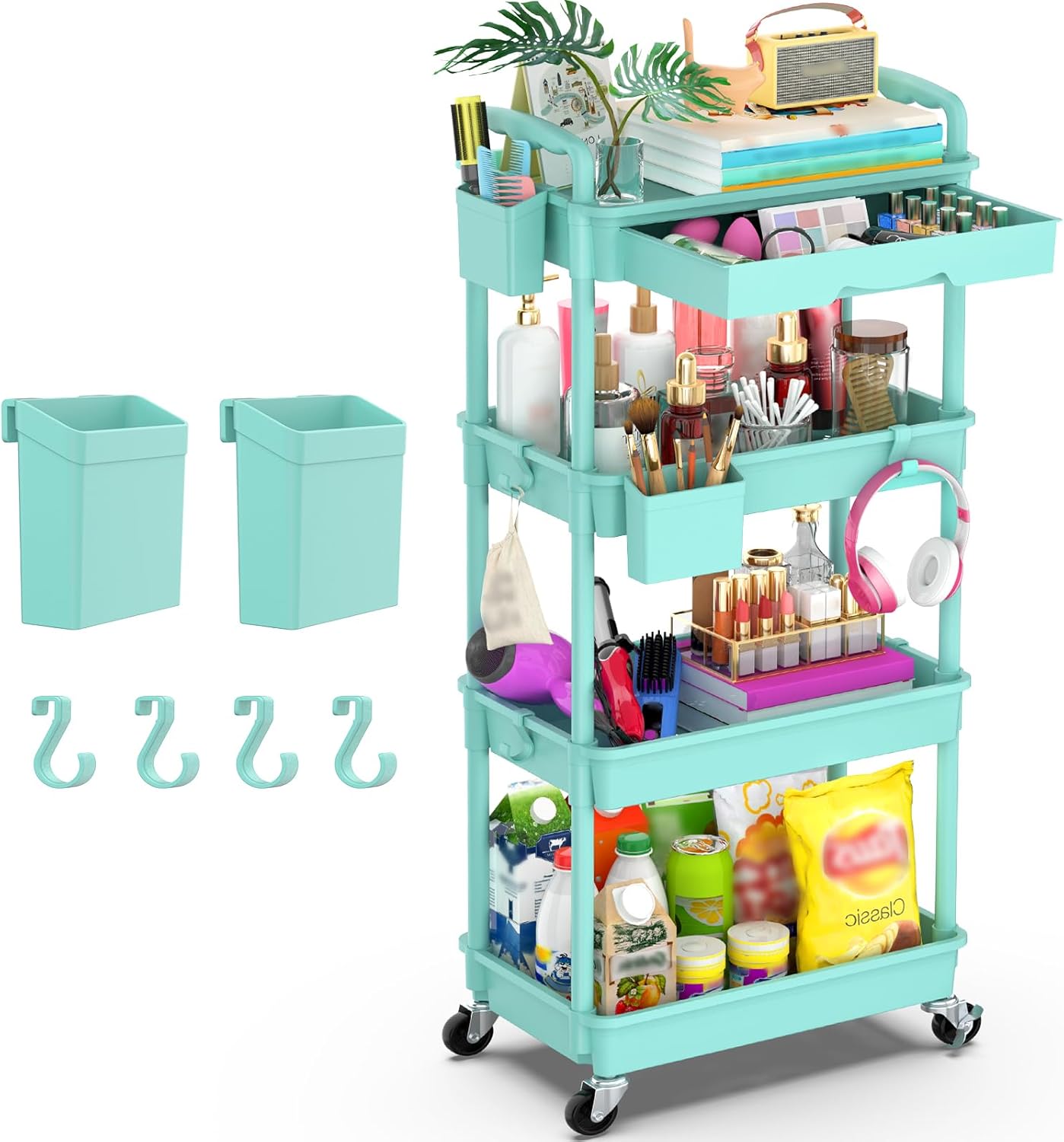 Goovilla 3 Tier Rolling Utility Cart Organizer with Removable Drawer, Stable and Sturdy White Rolling Storage Carts with 2 Lockable Wheels for Bathroom, Kitchen, Snack, Craft, Makeup, Baby Essentials