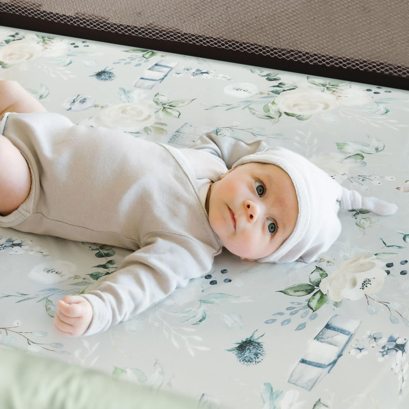 GRSSDER Stretch Ultra Soft Jersey Knit Fitted Pack n Play Playard Sheets Set 2 Pack，Fits Portable/Mini Cribs Sheets, Playards Mattress Pads, Stylish Watercolor Animals for Baby, Mint Green