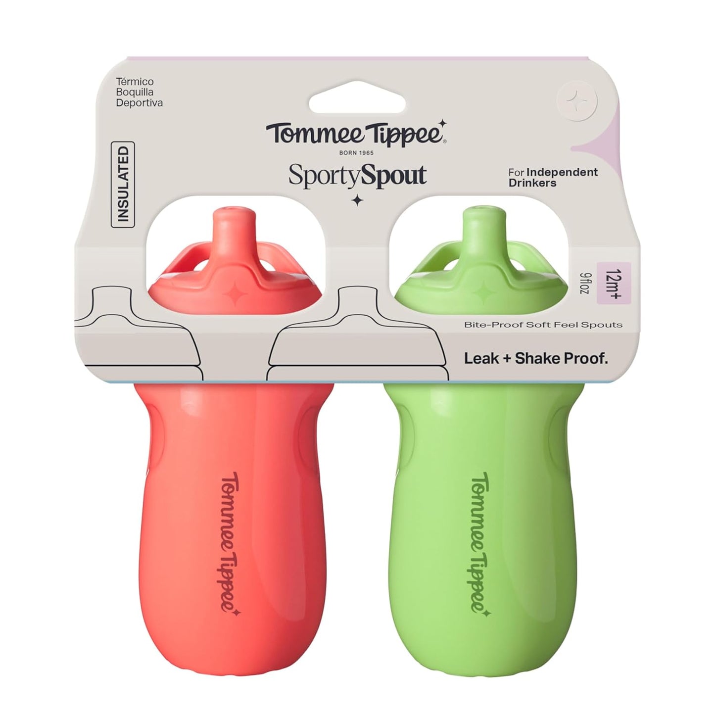 Tommee Tippee Insulated 9oz Sporty Spout Toddler Water Bottle, No Spill, Sippy Cups for Toddlers 1-3, Two-Piece Valve Helps Stop Spills, Green & Teal, BPA Free, Pack of 2
