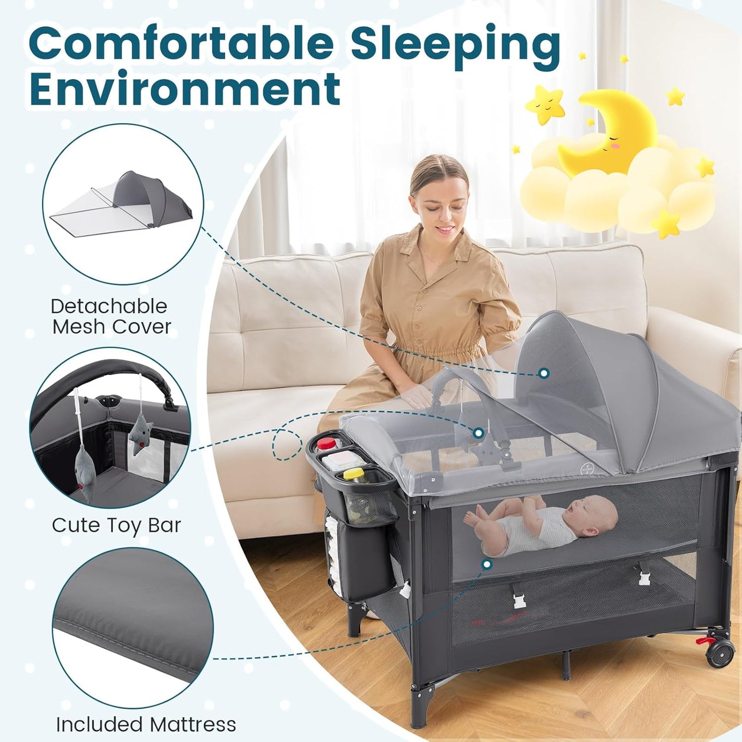 BABY JOY 5-in-1 Pack and Play with Canopy, 4 Level Heights Baby Bedside Sleeper w/Bassinet, U-Shaped Changing Table, Safety Strap, Side Zipper, Portable Bedside Crib Playard from Newborn to Toddlers