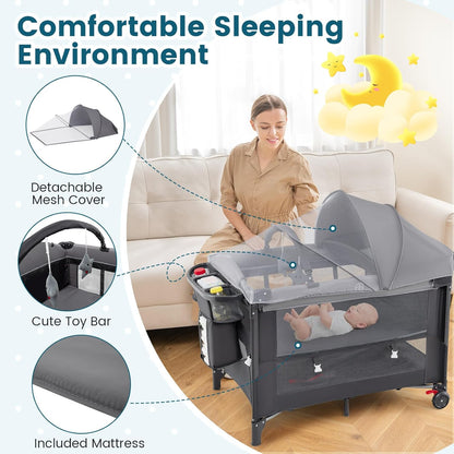 BABY JOY 5-in-1 Pack and Play with Canopy, 4 Level Heights Baby Bedside Sleeper w/Bassinet, U-Shaped Changing Table, Safety Strap, Side Zipper, Portable Bedside Crib Playard from Newborn to Toddlers