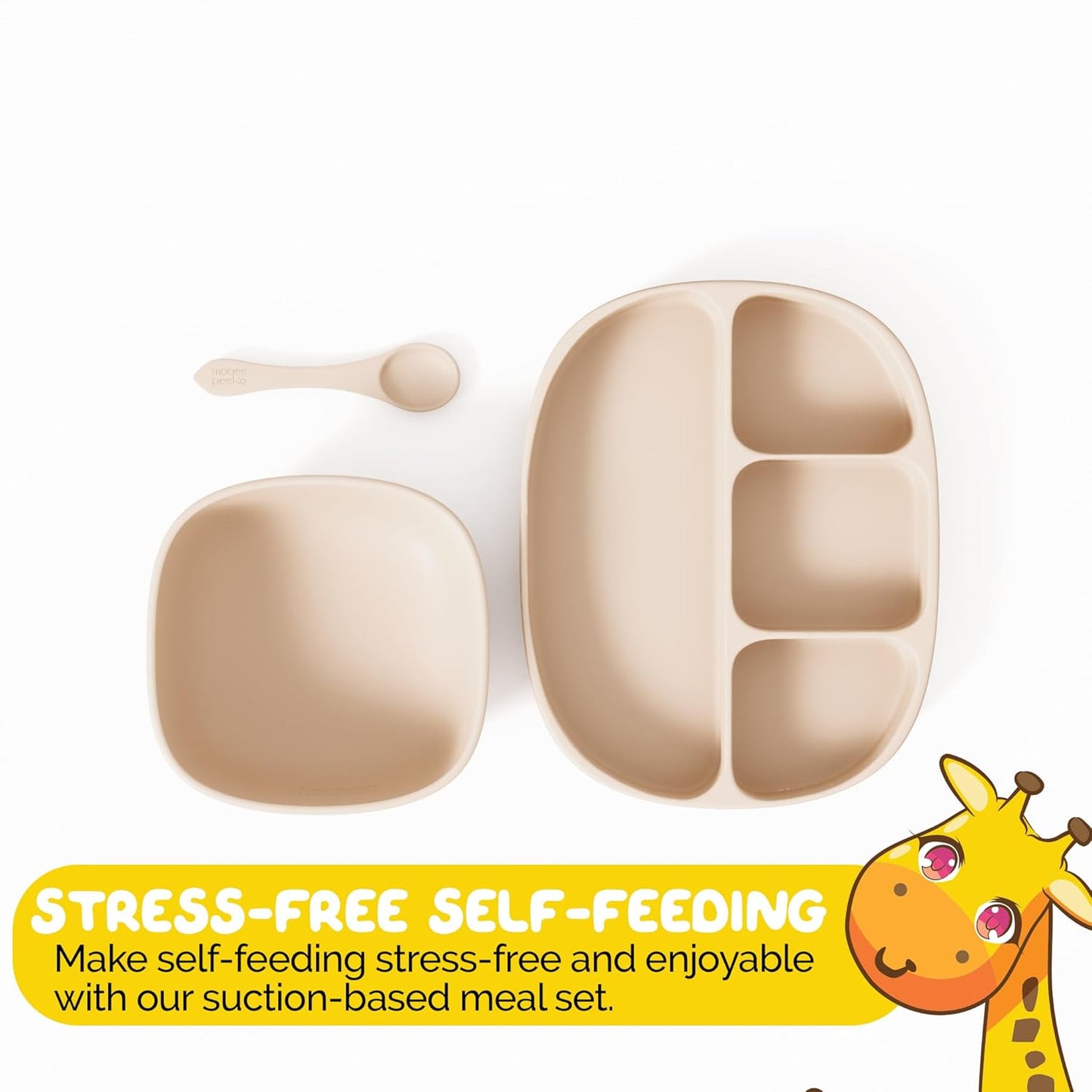 Baby Feeding Set by Muqee Peeko as a Baby Feeding Essentials in Baby Apricot Color with Baby Suction Plates for Toddlers, Baby Bowls with Suction and Baby Spoon (3 Piece Set)
