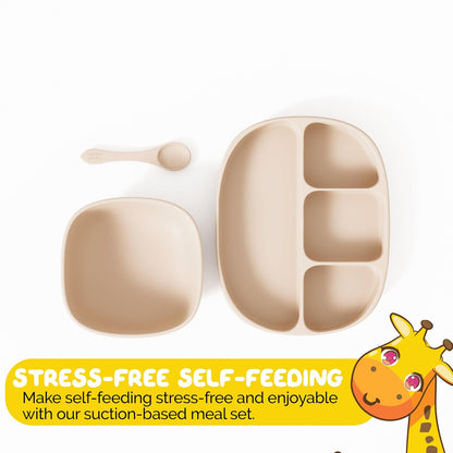 Baby Feeding Set by Muqee Peeko as a Baby Feeding Essentials in Baby Apricot Color with Baby Suction Plates for Toddlers, Baby Bowls with Suction and Baby Spoon (3 Piece Set)
