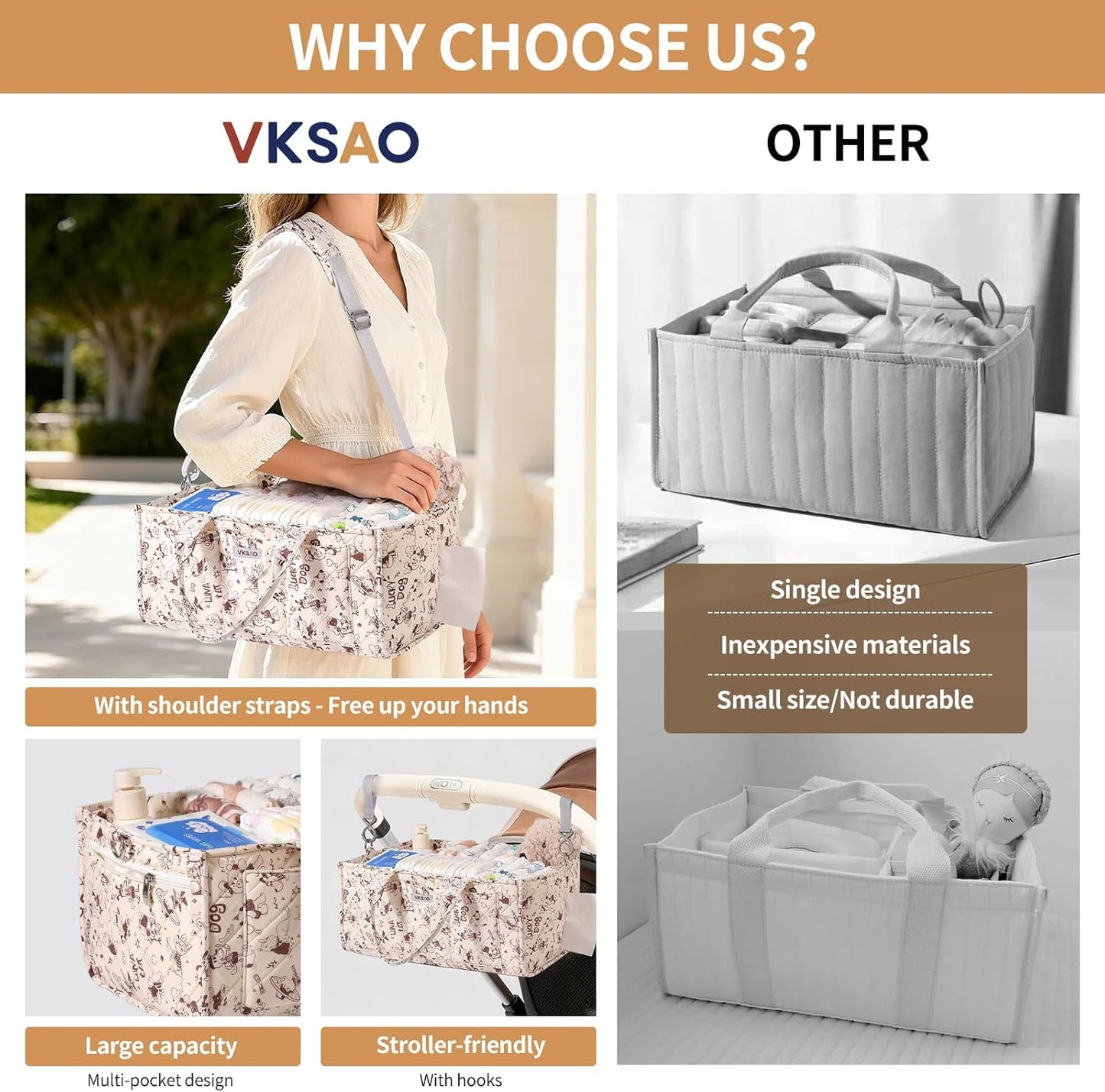 Baby Boy Essentials Diaper Caddy Organizer – Portable Storage Basket with Shoulder Strap & Stroller Hooks, Splashproof Quilted Nursery & Car Tote, Baby Gifts for Baby Shower, Classic Blue