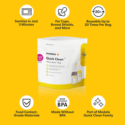 Medela Quick Clean Microwave Sterilizer Bags for Bottles and Breast Pump Parts, Reusable Up to 20 Times Per Bag, Food-Grade Material, Made Without BPA, Pack of 12